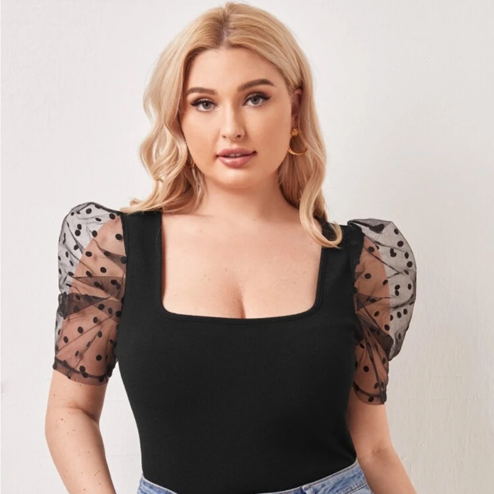 Pre Loved SHEIN Privé Black Plus Square Neck Puff Mesh Sleeve Top Size 18(3XL)